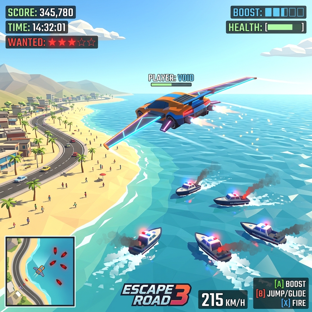 Escape Road 3 gameplay screenshot featuring a custom cyber vehicle flying away from police boats using glider wings